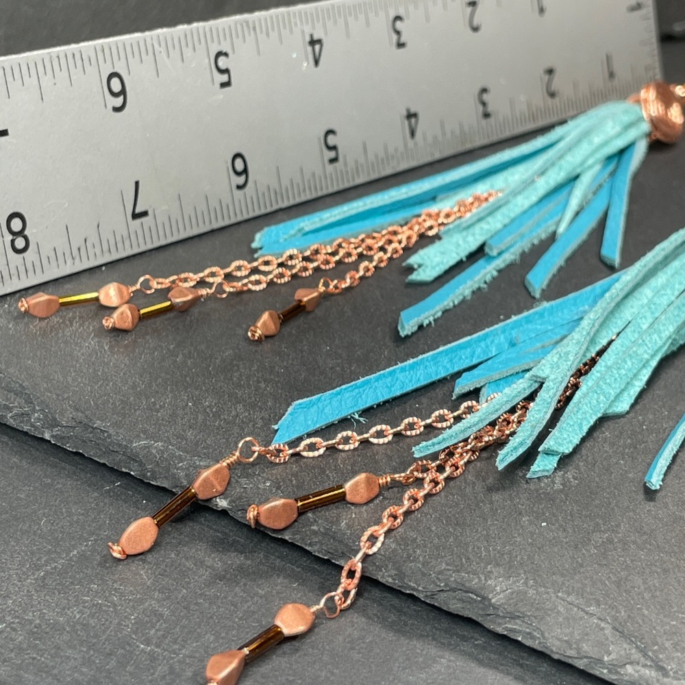Natural Jasper And Genuine Turquoise Blue Leather Fringe And Copper Artisan - Picture 13 of 14